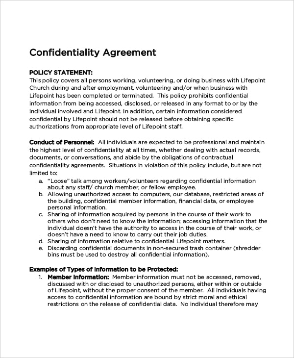 example church data confidentiality agreement