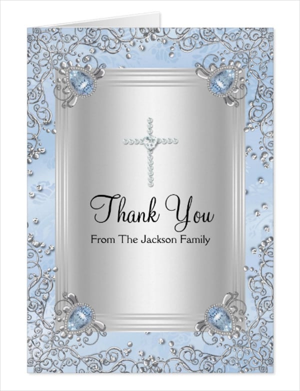 blue sparkle jewel baptism thank you card