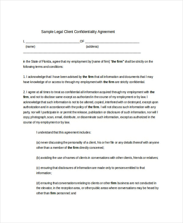 sample legal client confidentiality agreement