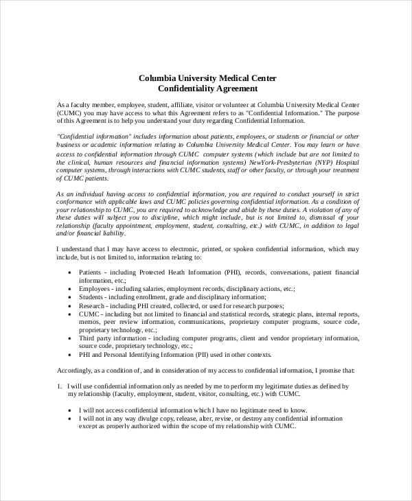 medical confidentiality agreement form sample