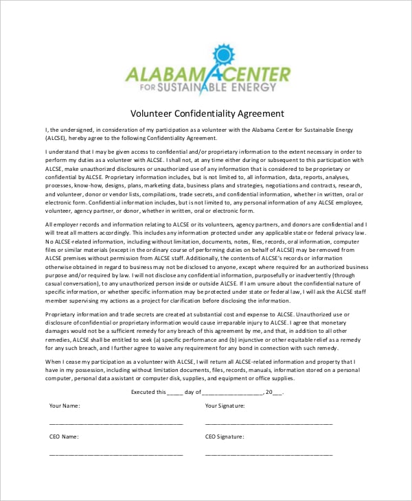 sample volunteer confidentiality agreement form