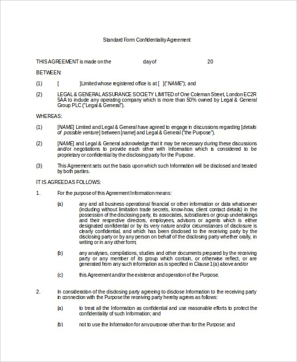 example standard form confidentiality agreement