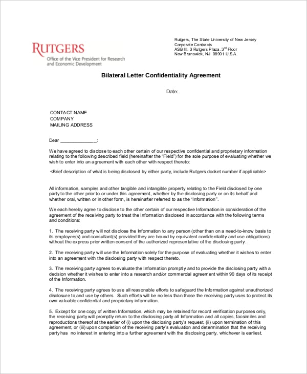 example bilateral confidentiality agreement form
