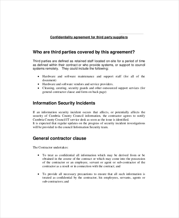 standard contractor confidentiality agreement example