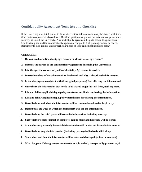 contractor confidentiality agreement template and checklist sample