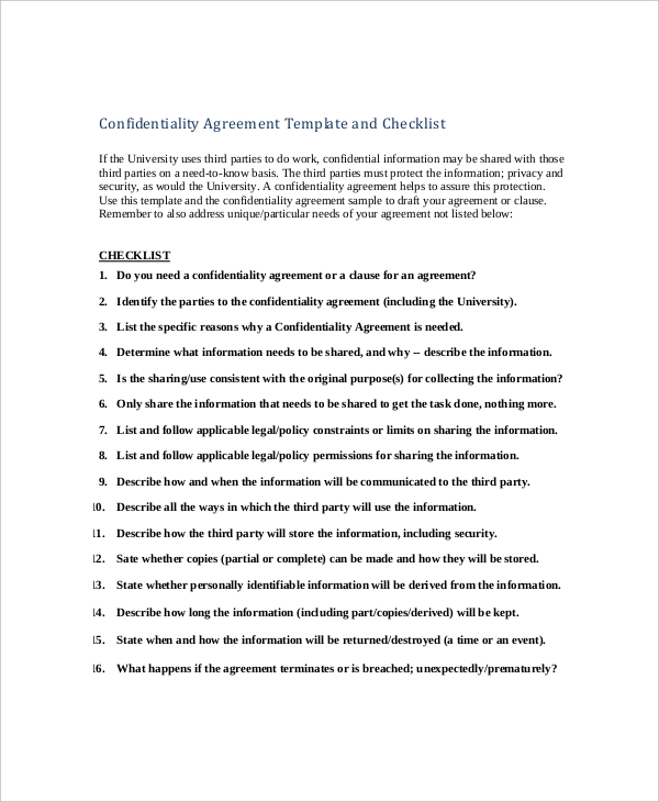 contractor confidentiality agreement template and checklist sample