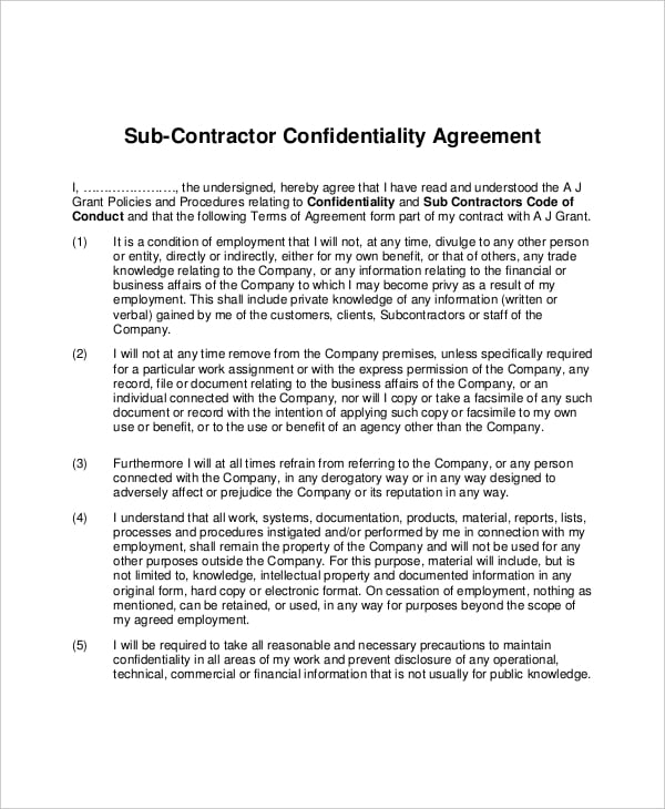 sub contractor confidentiality agreement example