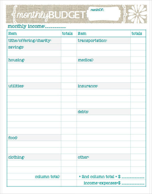 printable monthly budget planner template
