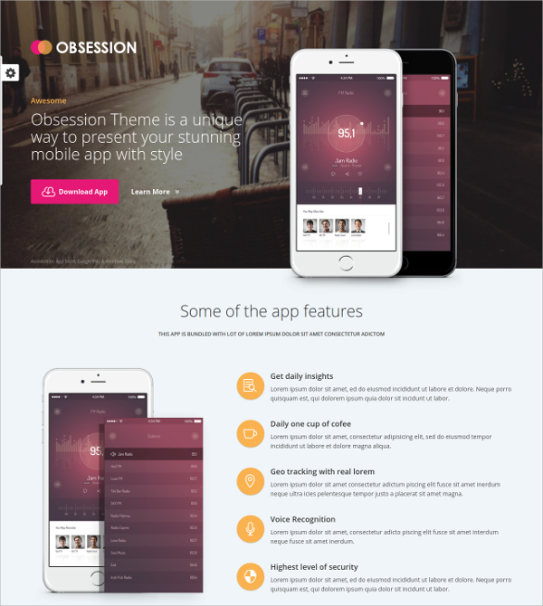 Responsive App Landing Page WordPress Theme $44