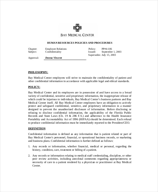 medical treatment human resources confidentiality agreement sample