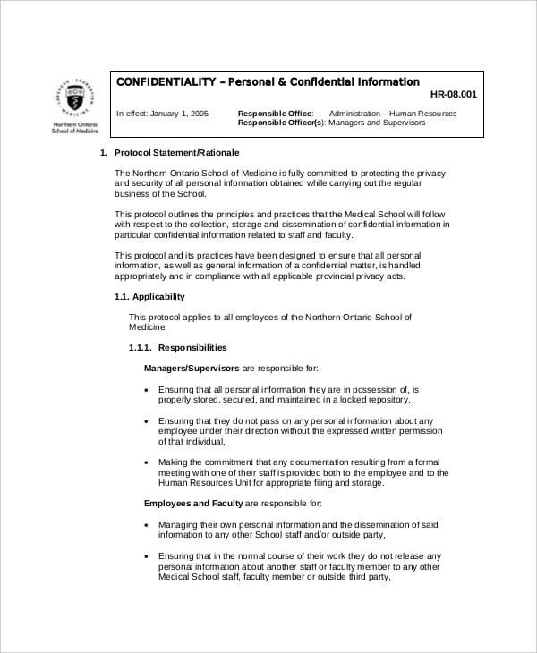human resource confidentiality personal and confidential information example