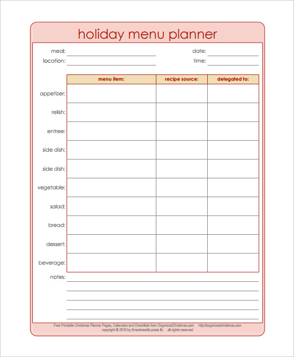 holiday menu planner template