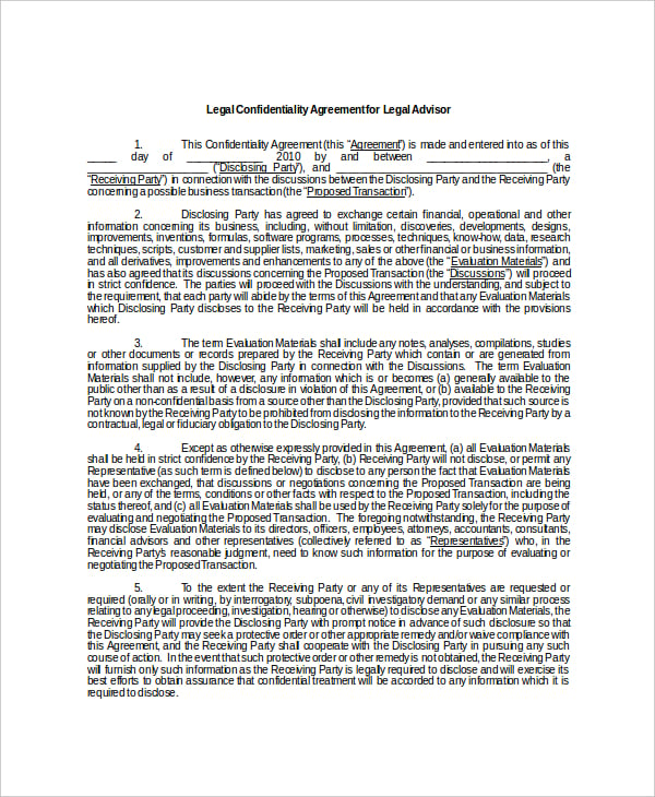 example confidentiality agreement for legal advisor