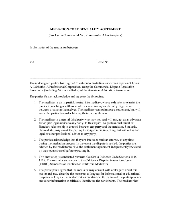 business mediation confidentiality agreement example