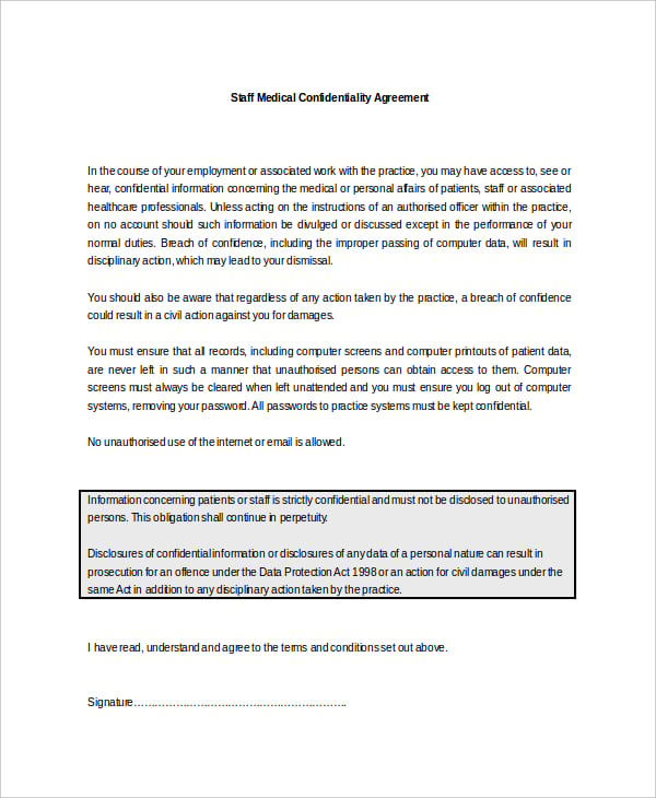 staff medical confidentiality agreement example