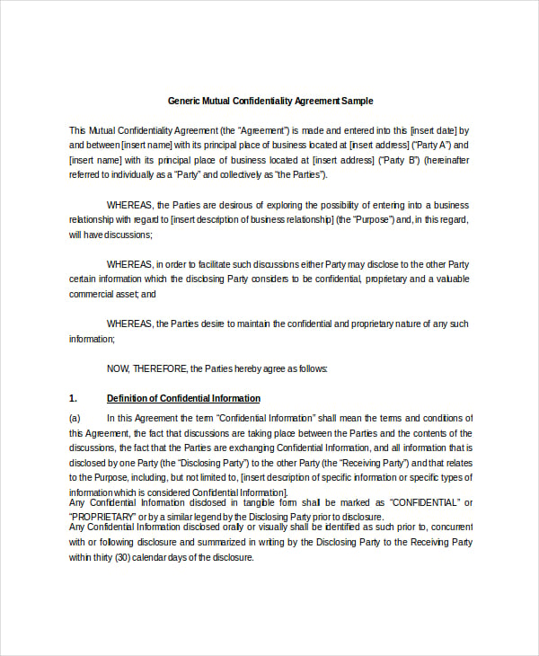 generic mutual confidentiality agreement sample