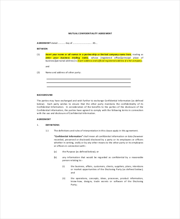 partnership mutual confidentiality agreement example