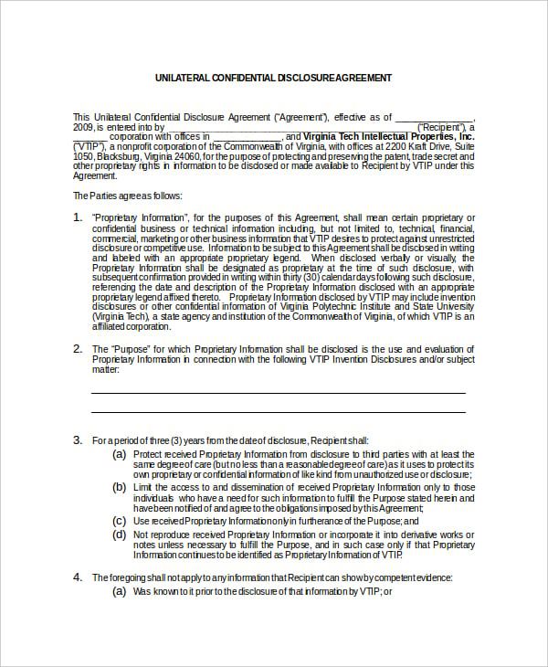 example unilateral mutual confidentiality agreement