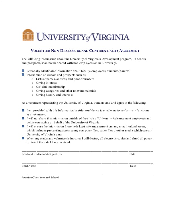 sample volunteer non disclosure and confidentiality agreement
