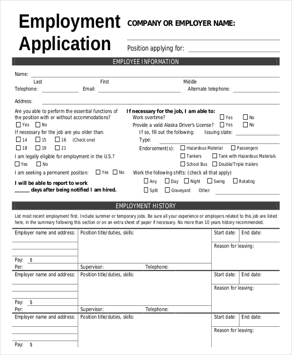 employment application template