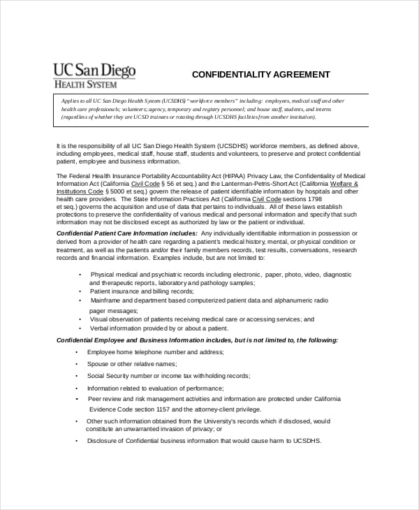 example standard patient confidentiality agreement