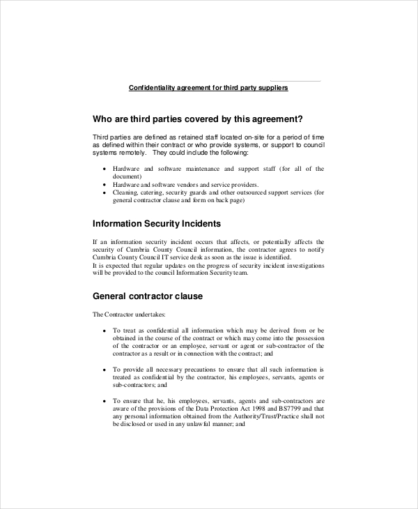 standard contractor confidentiality agreement sample