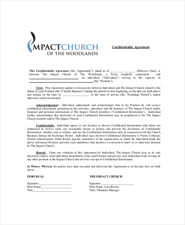 standard church confidentiality agreement example