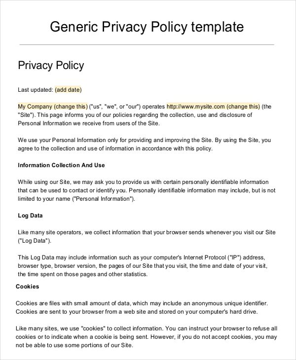 generic privacy statement template