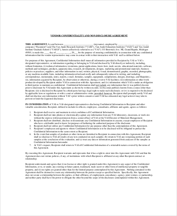 sample technical vendor confidentiality agreement