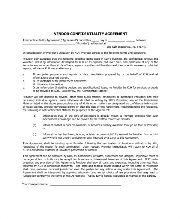 example customer list vendor confidentiality agreement