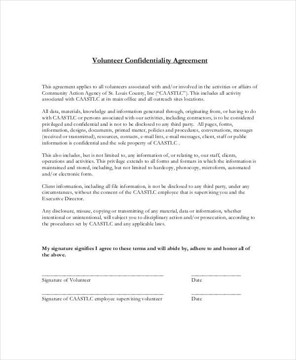 ngo volunteer confidentiality agreement example