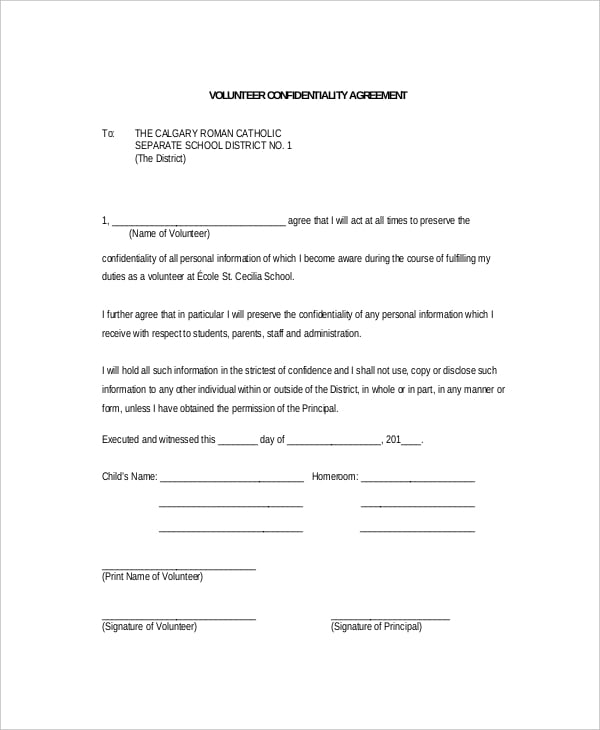 volunteer confidentiality agreement form sample