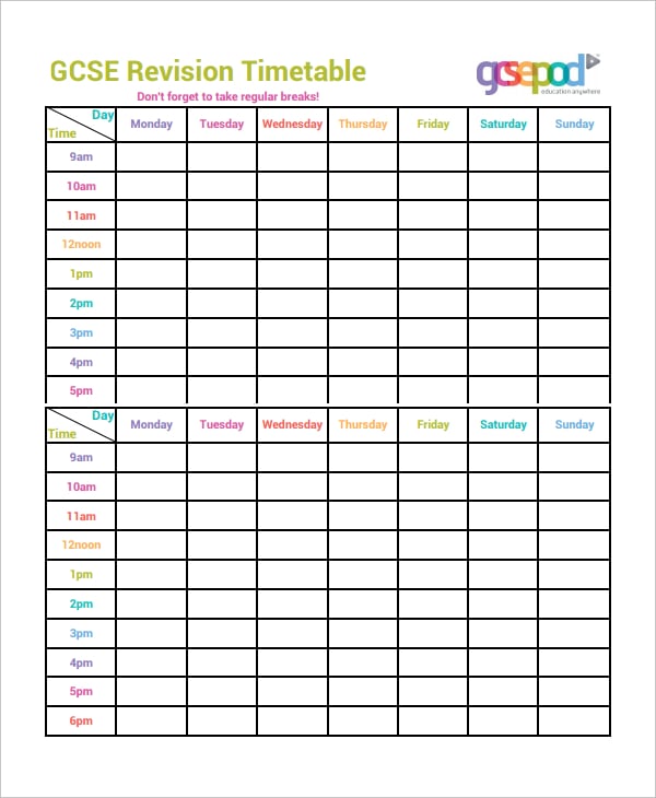 gcse revision timetable template