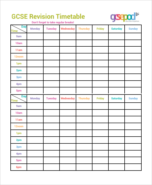 Timetable Template HQ Printable Documents