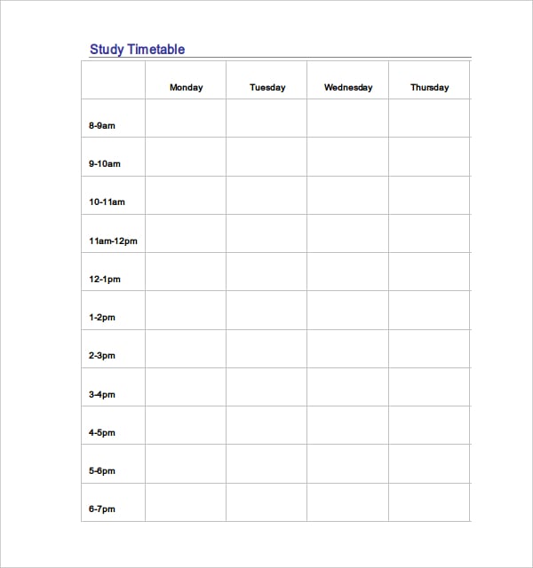 blank study timetable template