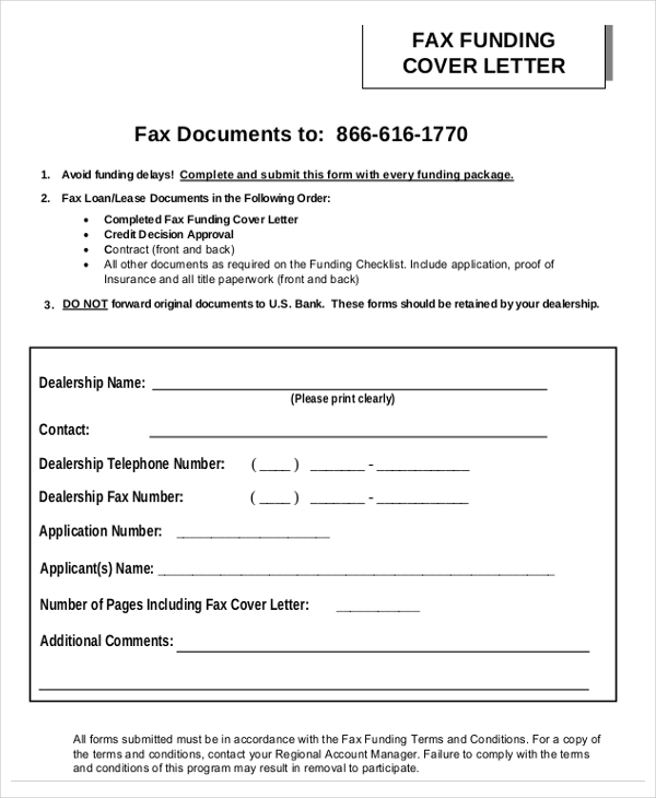 fax funding cover letter template