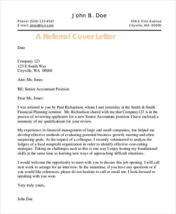 Cover Letter Template Referral