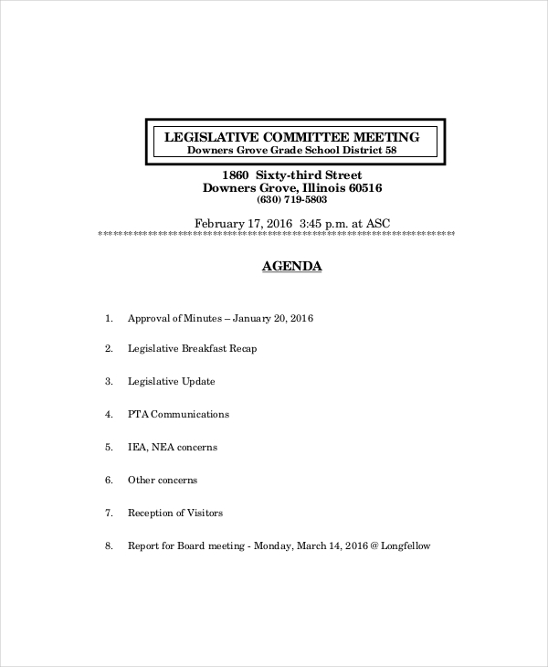 legislative committee meeting agenda