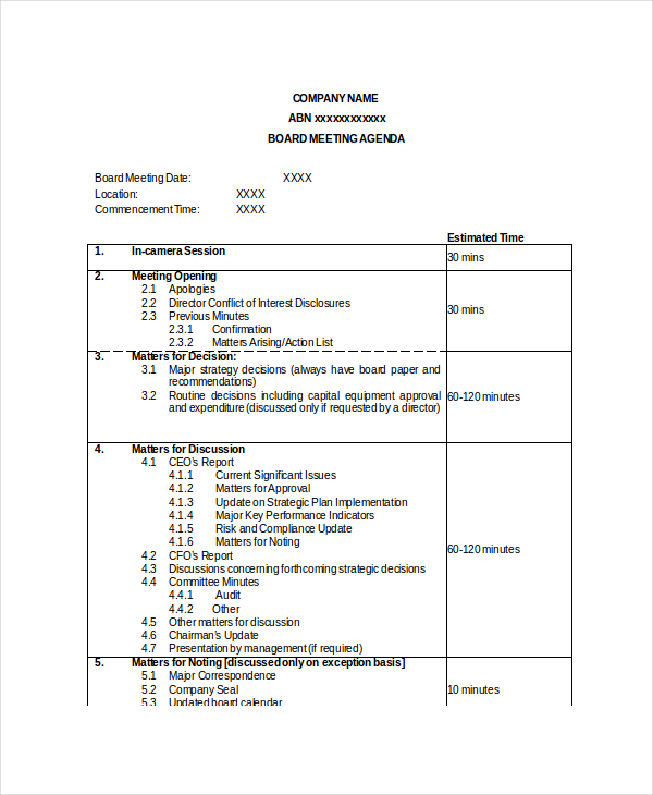 board meeting agenda template