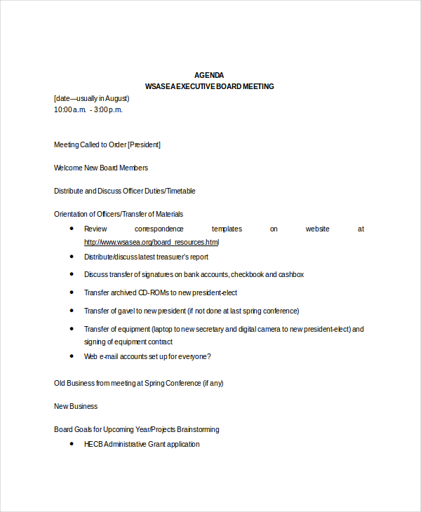 first board meeting agenda