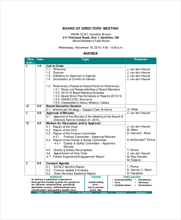 board of directors meeting agenda template