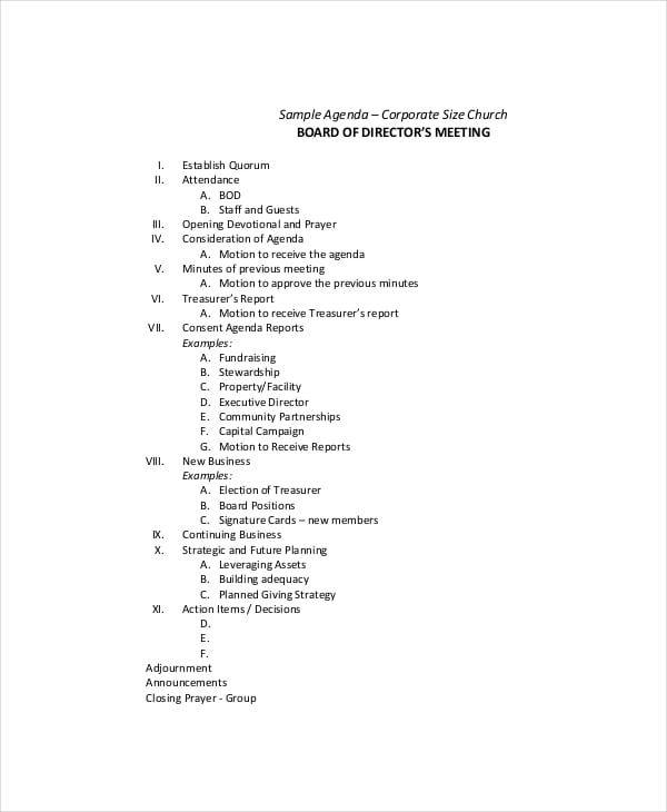 corporate board of directors meeting agenda