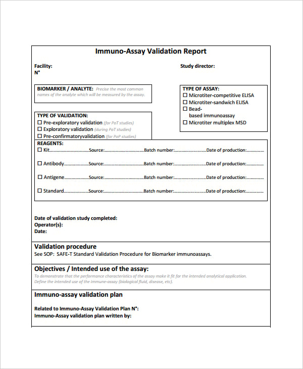 immuno assay validation report template
