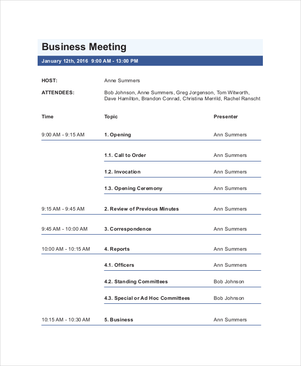 business meeting agenda template