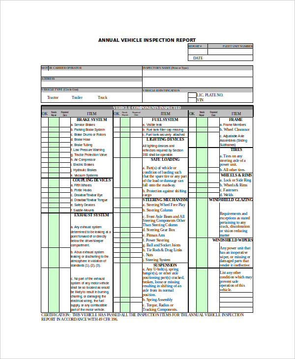 vehicle inspection report template