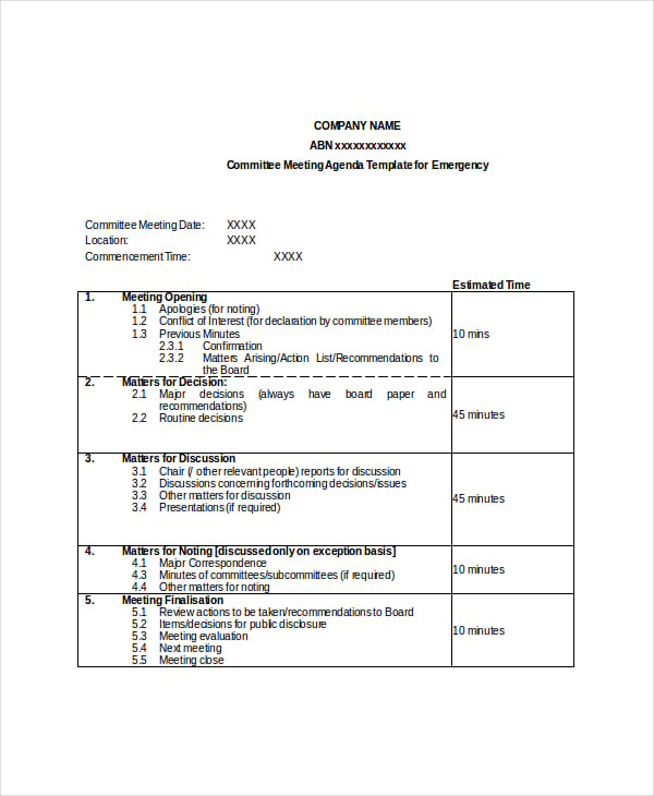 committee meeting agenda template for emergency