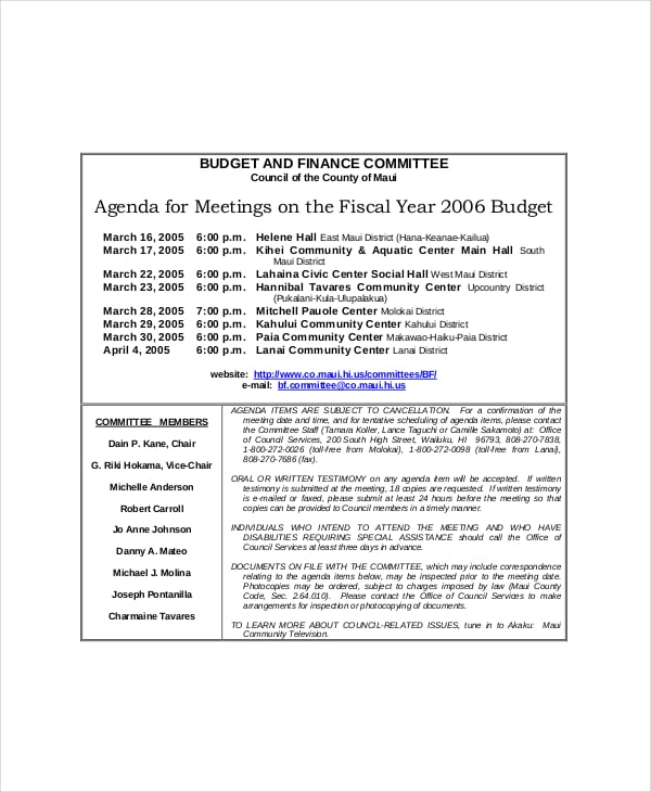 budget and finance committee meeting agenda template