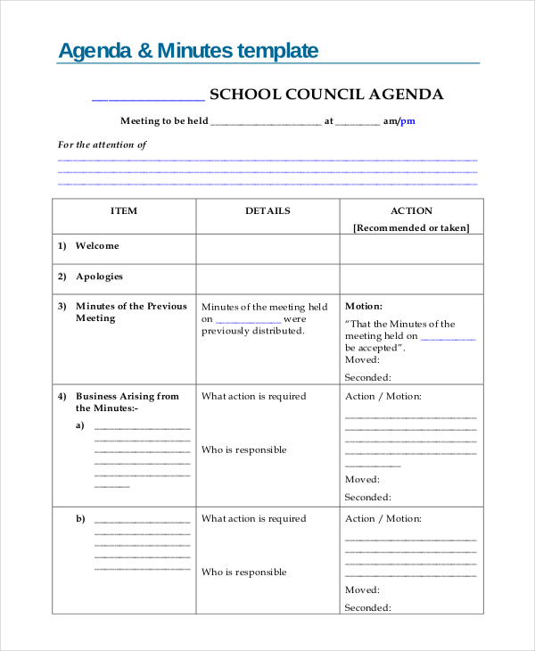 agenda based minutes template