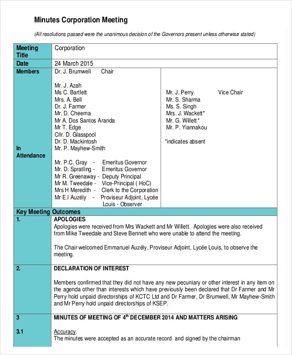 corporate minutes meeting template