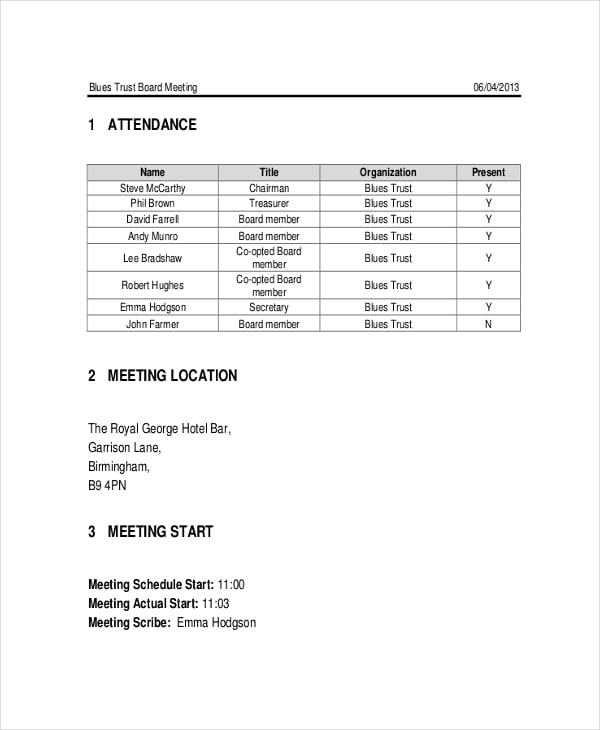 trust meeting minutes template
